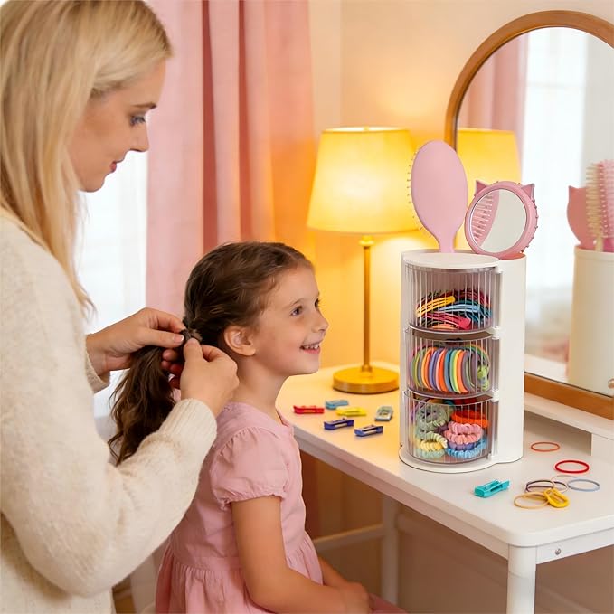 Hair Accessories Organizer with Hair Brush Holder, Rotatable Makeup Brush Holder for Necklaces, Earring, Bracelet, Ring, Makeup Brushes, Hair Clip and Hair Accessories (3-layer -White)