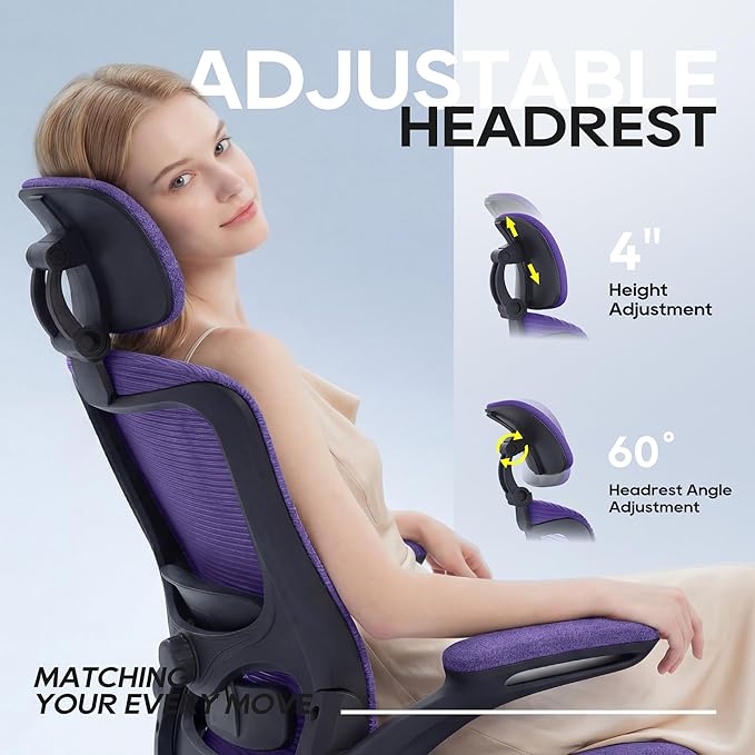 Ergonomic Office Chair, High Back Mesh Desk Chair with Adjustable Lumbar Support & Headrest, Flip-up Armrest, Computer Task Chairs for Home and Executive Office(B-Purple)