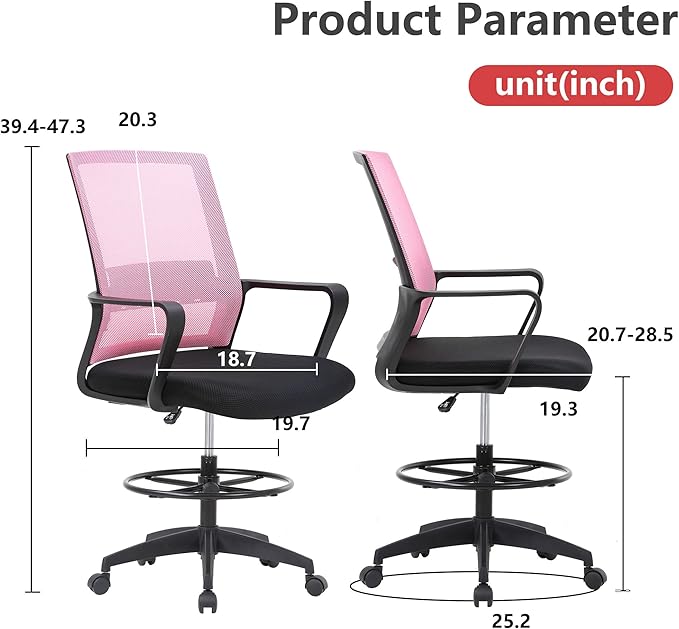 BestOffice Drafting Chair Tall Office Chair Adjustable Swivel Rolling Mesh Height with Lumbar Support Arms Footrest Mid Back for Adults Standing Desk Drafting Stool (Light Pink)