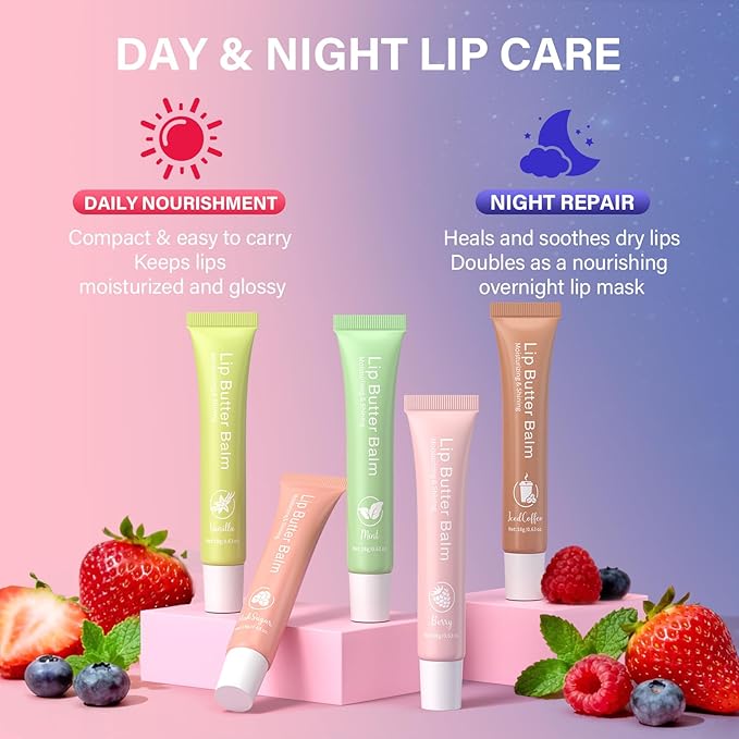 Glossy Lip Balm & Lip Gloss Set– Hydrating Lip Butter Balms For Smooth, Soft Lips – Nourishing, Long-Lasting Moisture – Vanilla, Coffee, Mint, Berry & Pink Sugar,Women's Day Gifts For Women