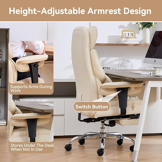 Efomao Big and Tall Office Chair with Footrest - Breathable Mesh Executive Chair, Heavy Duty Computer Desk Chair for Home Office, Ergonomic Lumbar Support & Reclining Mesh Gaming Chair, Beige