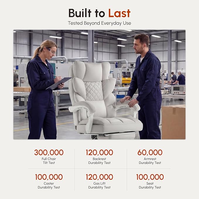 Dowinx Big and Tall Office Chair with Pocket Spring Cushion,High Back Computer Gaming Chairs with Linkage Armrests,Executive Desk Chairs with Footrest,Cloth-White