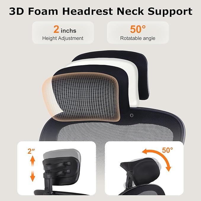 ralex-chair Ergonomic Office Chair with Adjustable Headrest & Lumbar Support, Computer Desk Chair with Flip-Up Armrests, Comfortable for Home, Office, Conference Room