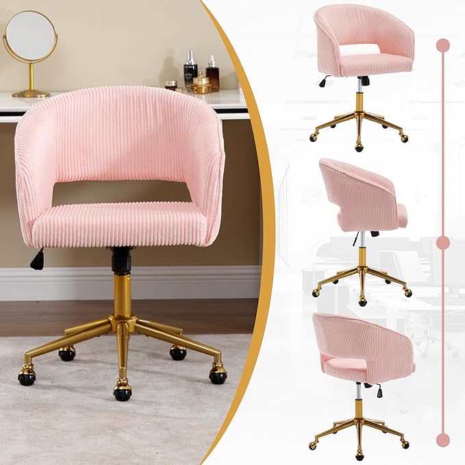 Westice Home Office Desk Chairs, Modern Corduroy Rolling Chair, Height Adjustable Swivel Vanity Chair with Golden Base, Ergonomic Chair for Vanity Study, Living Room Computer Room, Pink