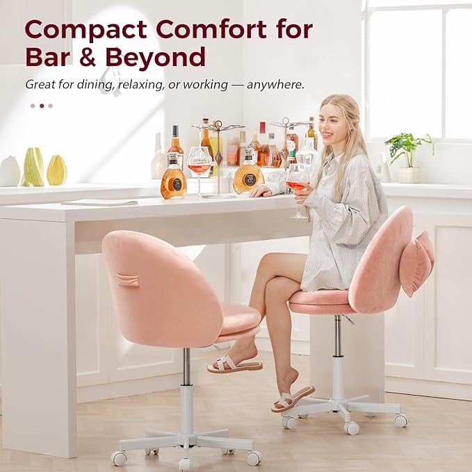 GTPLAYER Velvet Tall Office Chair with Wheels Vanity Chairs with Back, Versatile Height Use: Office to Bar Stools Small Ergonomic Comfy Armlees Computer Desk Chair with Bow Lumbar Pillow for Gift