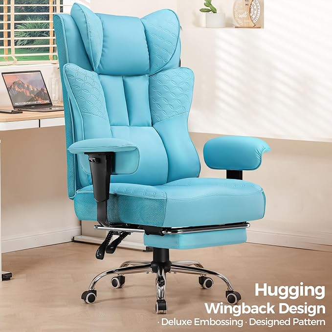 GTPLAYER Big and Tall Office Chair 400LBS Wide Ergonomic Gaming Chair with Deluxe Embossing Designed Leather with Foot Rest,150°Reclining Adjustable Soft Armrests Pocket Spring Back Support and Pillow