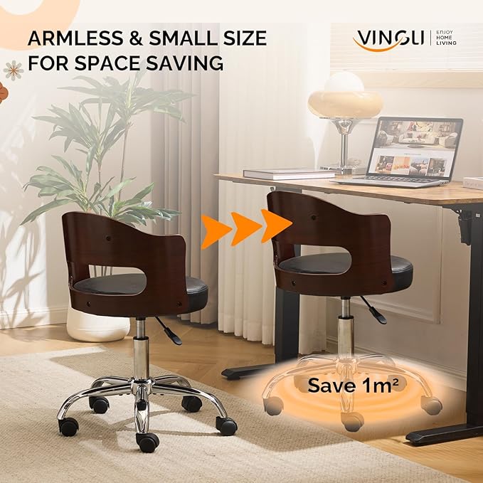 VINGLI Armless Home Office Desk Chair, Adjustable Swivel Chair,Dual-Use with/no Wheels,Small Retro Designed Walnut Curved Task Chair,Cushioned Nail Tech Chair for Study Area,Workspace,PU,Black