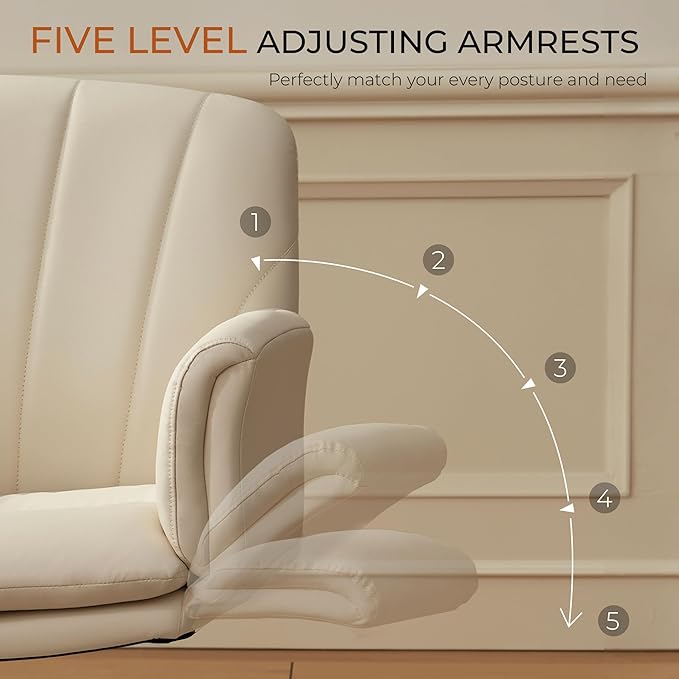 Dowinx Criss Cross Chair with Five-Level Adjustable Arms and Wheels - Comfortable Ergonomic PU Leather Swivel Vanity Chair - Computer Makeup Gaming Chair for Home Office, Bedroom, Vanity Room (Khaki)