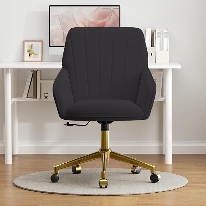 YISHENG Velvet Home Office Chairs with Gold Base, Height Adjustable 360 Degree Swivel Desk Chair with Wheels, Upholstered Tufted Modern Vanity Chairs for Living Room, Bedroom,Study Room (Black)
