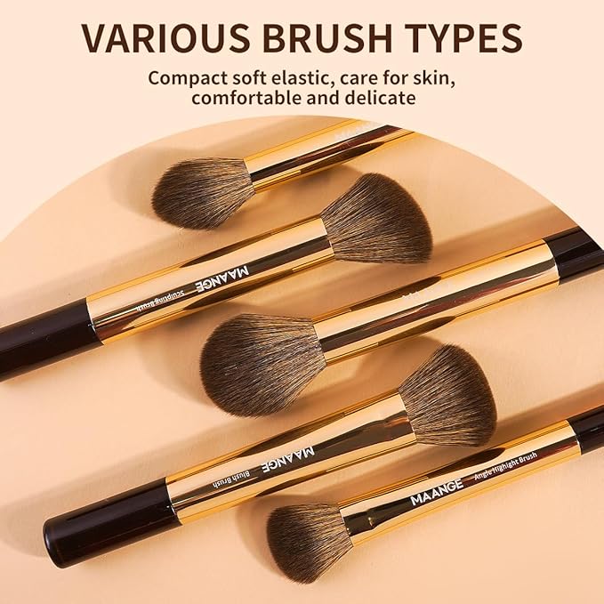MAANGE 13 PCS Makeup Brushes Professional Make Up Brushes Premium Synthetic Powder Concealers Brushes Travel Makeup Brush Set with Case (Gold)
