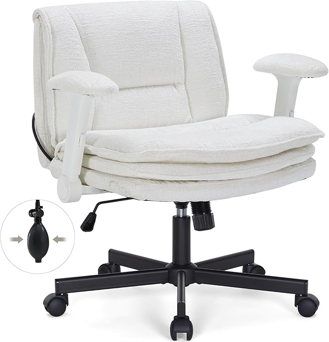 Criss Cross Chair with Wheels and Flip Arms, Upholstered Cross Legged Office Chair with 3 Layer Cushions&Dynamic Airbag Lumbar Support, Wide Seat Comfy Desk Chair for Home Office, Living Room, Beige