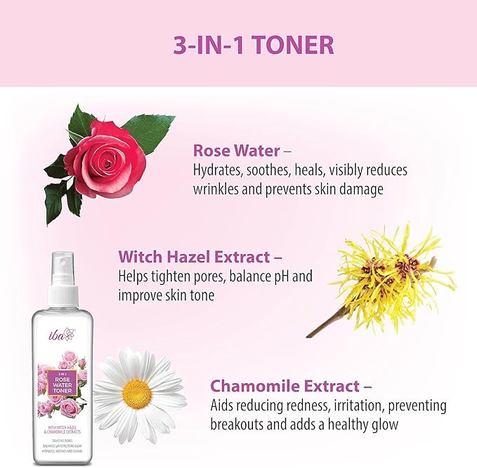 Rose Water Toner Spray for Face – 3-in-1 Hydrating Facial Mist with Witch Hazel & Chamomile – Pore Tightening, pH Balancing, Soothing & Refreshing – Natural Glow Skin Care for All Skin Types