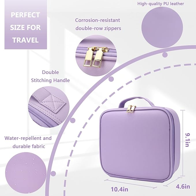 Makeup Bag with Mirror,with Mirror 3 Color Setting and Detachable 10x Magnifying Mirror Large Vanity Makeup Cases,Portable Storage and Adjustable Dividers, for Women and Makeup Artists-Purple