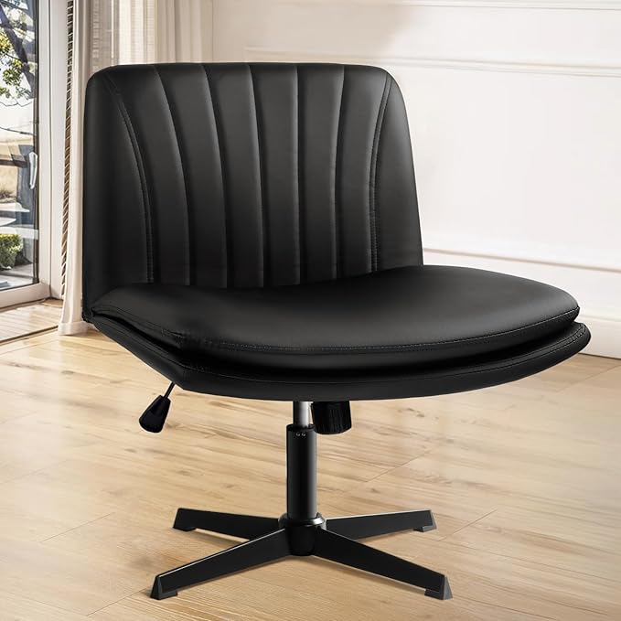 Criss Cross Chair, Cross Legged Desk Office Vanity Chair, Comfortable Black Vanity Stool with Back, PU Leather Armless Wide Swivel Vanity Desk Chair, Criss Cross Home Office Chair
