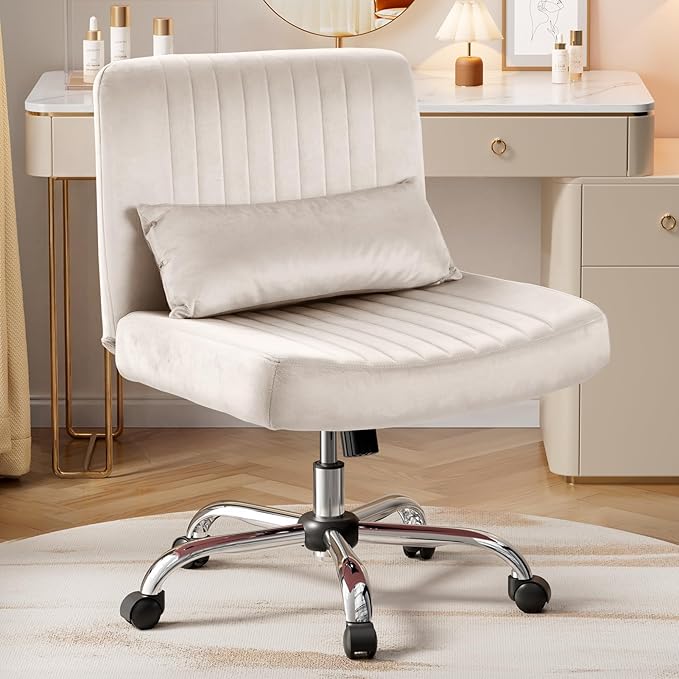 Velvet Office Chair, Luxury Criss Cross Chair with Wheels, Comfy Cross Legged Desk Chair for Home Office, Height Adjustable Vanity Chair, Wide Seat Computer Chair, Gift for Girlfriend, Beige