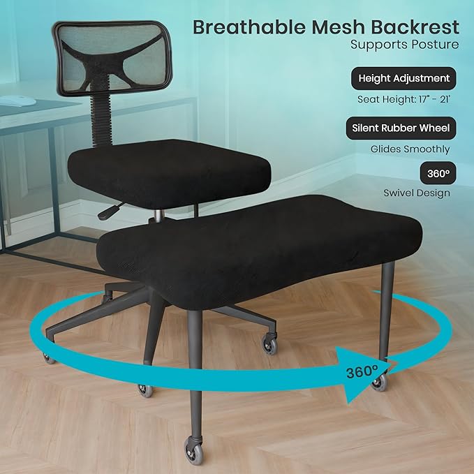 Cross Legged Office Chair with Rubber Wheels - Breathable Mesh Fabric - 360° Swivel ADHD Chair, Wider & Thicker Cushions for Meditation Chair, Criss Cross, and Kneeling