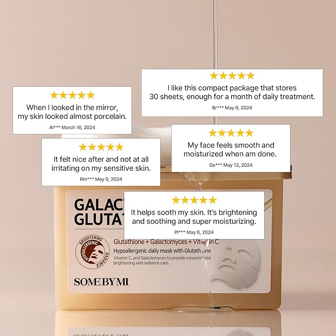 SOME BY MI Galactomyces Glutathione Daily Mask - 30 Sheets, 11.8Oz - Vitamin C Vegan Face Sheet Mask for Skin Brightening Routine - Skin Moisturizing and Glowing Care for Glass Skin - Korean Skin Care