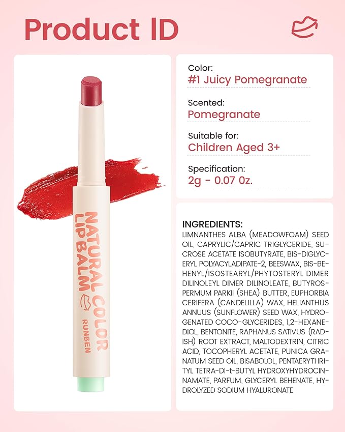 RUNBEN Kids Tinted Lip Balm, Juicy Pomegranate Lipstick, 24H Moisturizing, Safe & Non-toxic Lip Gloss for Kids & Teen, Christmas Makeup Gift for Girls