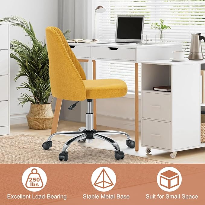 DUMOS Office Chair, Comfy Desk Chair Rolling Vanity Swivel Task Chairs with Wheels, Wide Seating Armless Height Adjustable Computer Chairs for Home,Bedroom,Student,Adults, Dark Yellow