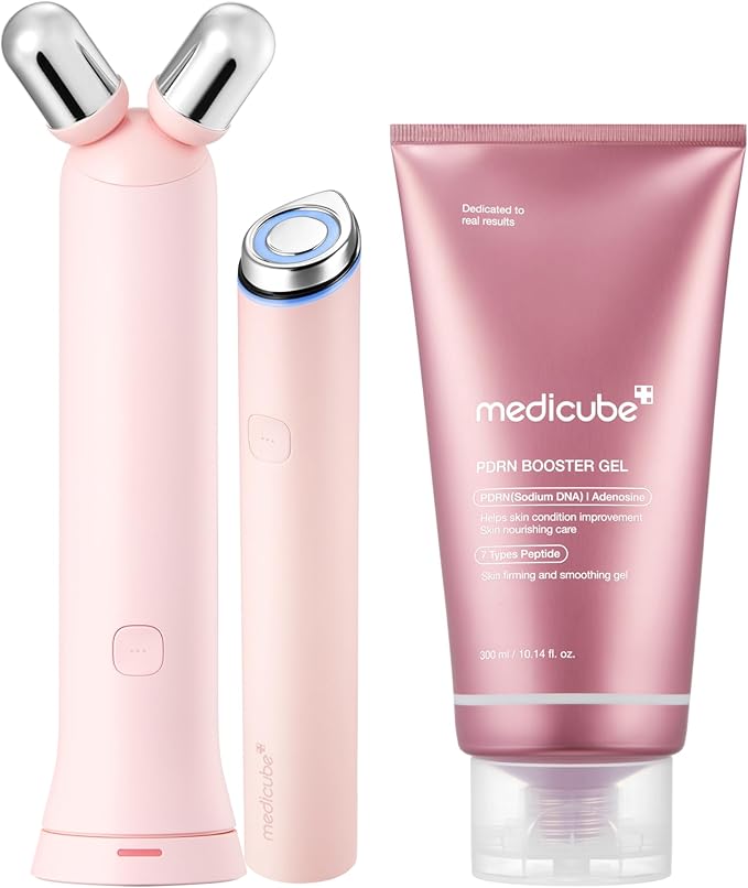 medicube At-Home Contour & Define Device Set | 2-in-1 Massage & Skincare Device with PDRN Booster Gel | Salmon DNA PDRN, Peptides & Niacinamide | Face & Body Massager for Depuffing & Contouring, Pink
