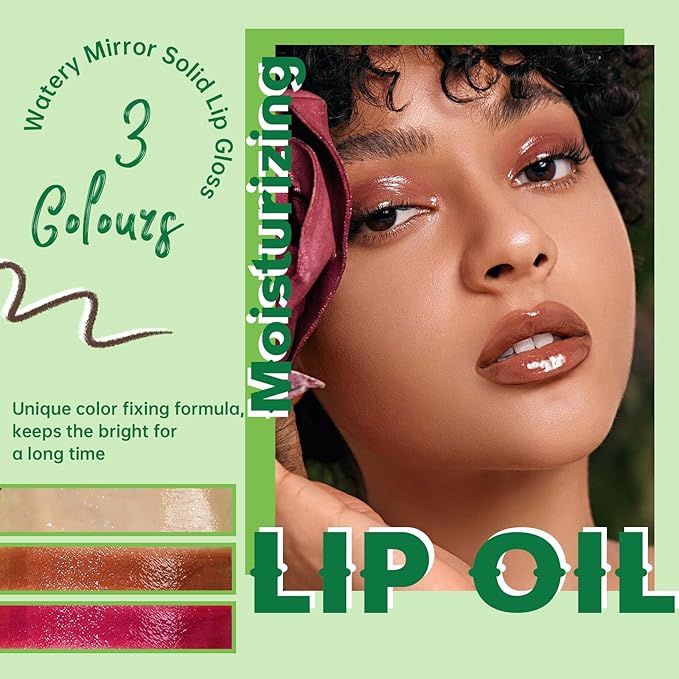 Moisturizing Solid Lip Gloss Jelly Lipstick, 3Color Lip Oil Lip Plumper with Dark Brown Lip Liner Combo, Glossy Lightweight Pigmented Non Sticky Tinted Lip Click Balm Makeup Gift Set for Women