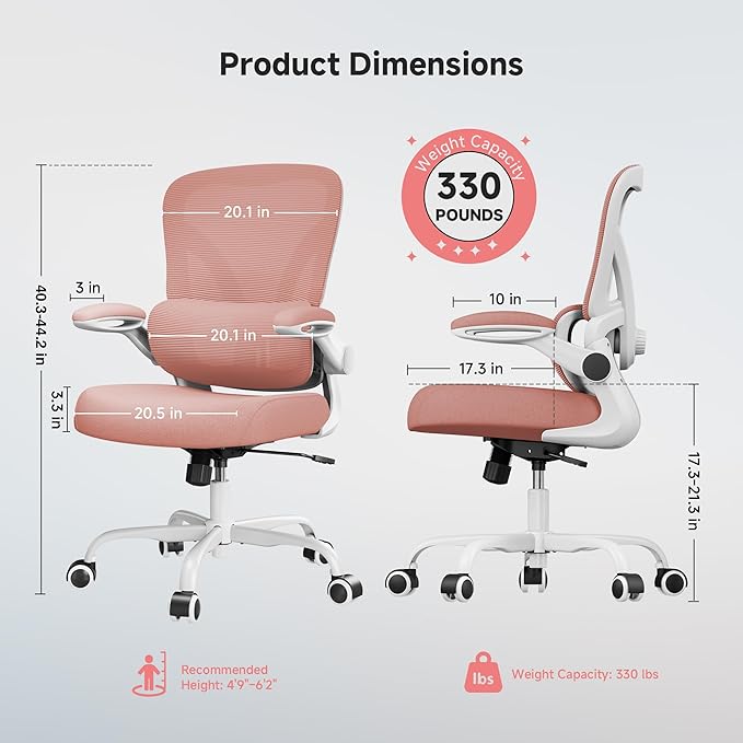 Mesh Office Chair, 330LBS Ergonomic Comfy Desk Chair with Adjustable Lumbar Support, Executive Computer Chairs for Home Office, Pink