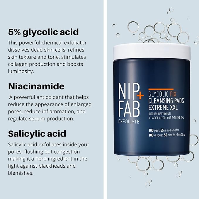 Nip + Fab Glycolic Fix Night Pads Extreme XXL (100 Count) – 5% Glycolic Acid Exfoliating Face Pads with Salicylic Acid – Resurfacing AHA BHA Chemical Peel for Blemishes & Texture