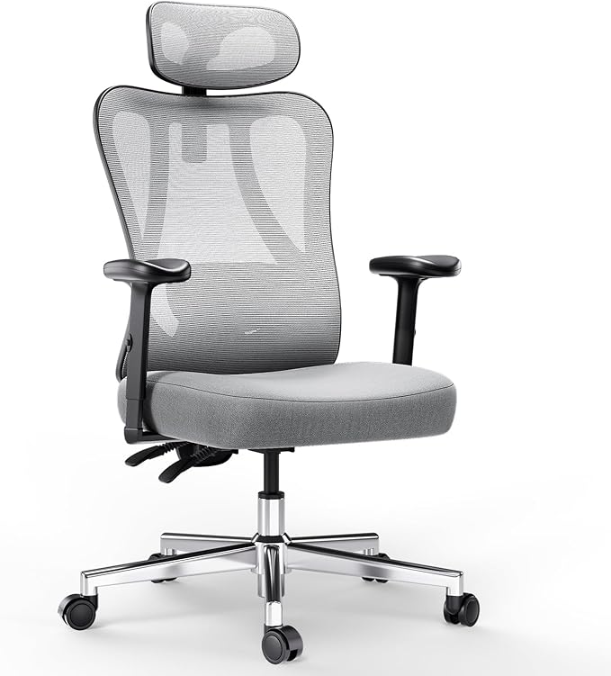 Hbada P3 Ergonnomic Office Chair with 2D Adjustable Lumbar Support, Office Chair with Adjustable Headrest and Armrest, 145° Stepless Tilt Function, Grey(No Footrest)