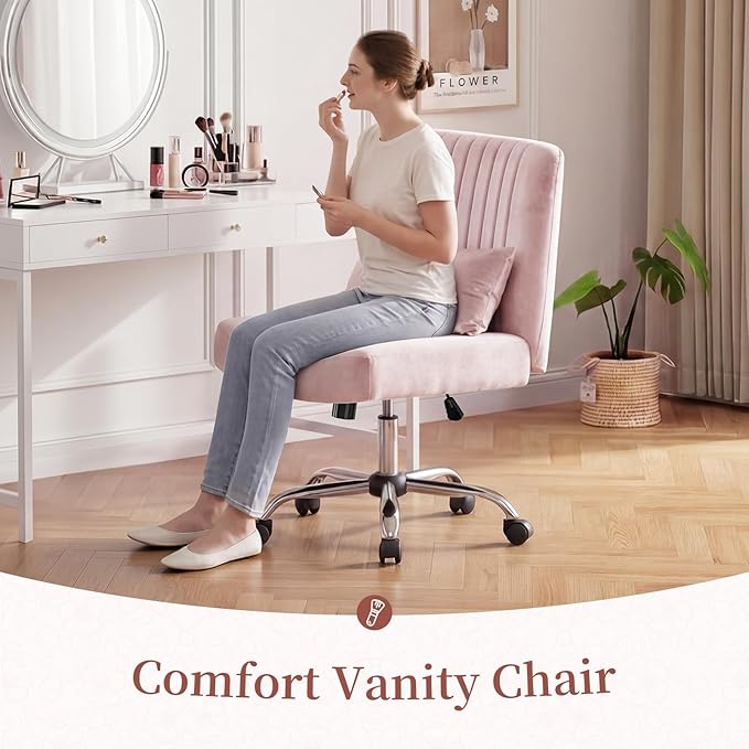 Velvet Criss Cross Chair with Wheels, Luxury Cross Legged Office Chair, Comfy Desk Chair for Home Office, Wide Seat Computer Chair, Armless Vanity Chair, Birthday Gift for Girls & Women, Pink