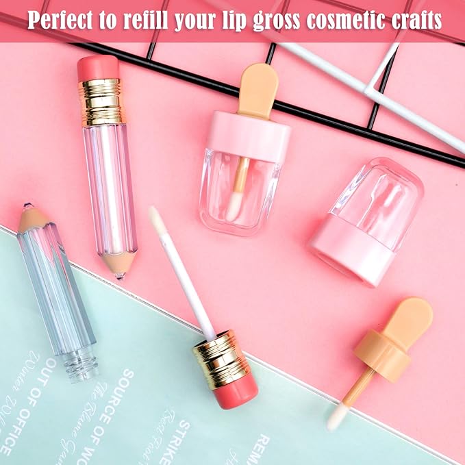 24 Pieces Novelty Empty Lip Gloss Tubes Bulk, Ice Cream and Funny Light Bulb Shaped Lipstick Balm Tube, Creative Lollipop Shape, Bottle and Candy Lipstick Glaze Tube, Pencil Lip Oil Bottles, 6 Styles