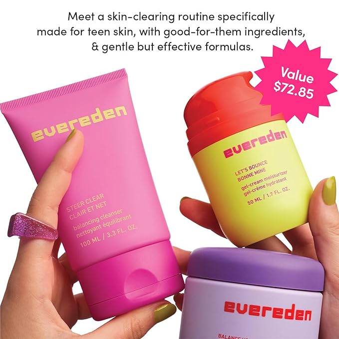 Evereden Pre-Teen Collection: Triple Green Tea Steer Clear Balancing Jelly Cleanser Pre Teen Face Wash, Let's Bounce Gel-Cream Face Moisturizer, & Balance Up Water-Based Toner Pads for Face