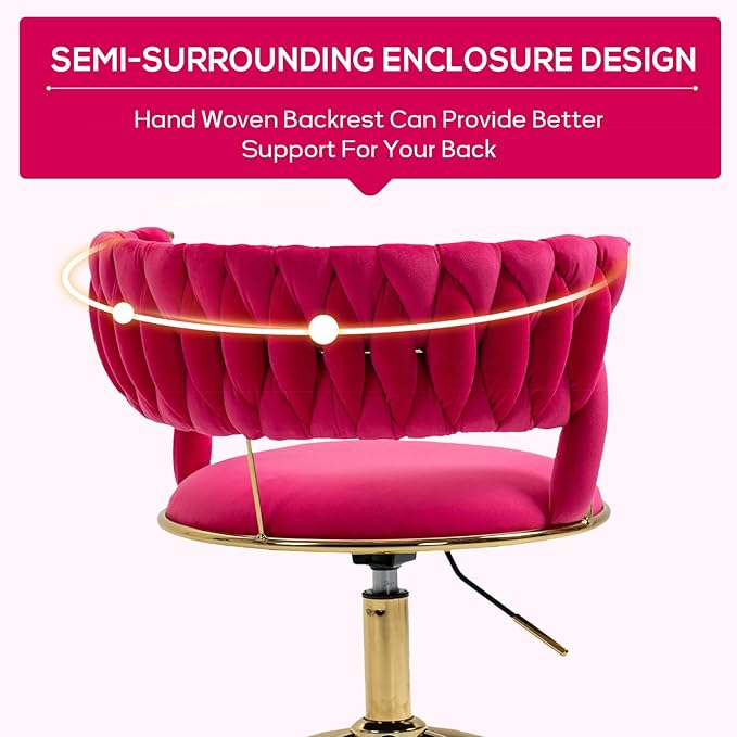 NIOIIKIT Velvet Office Desk Chair with Hand Woven Backrest, 360° Swivel & Height Adjustable Task Chairs, Makeup Chair, Computer Chair with Stainless Base and 5 Wheels (Rose Red)