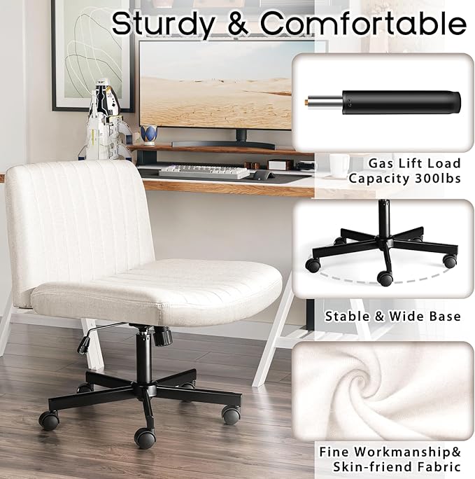PUKAMI Criss Cross Chair,Comfy Cross Legged Office Desk Chair No Wheels,Modern Fabric Swivel Adjustable Height Mid Back Wide Seat for Home Office Computer (Beige with Wheels)
