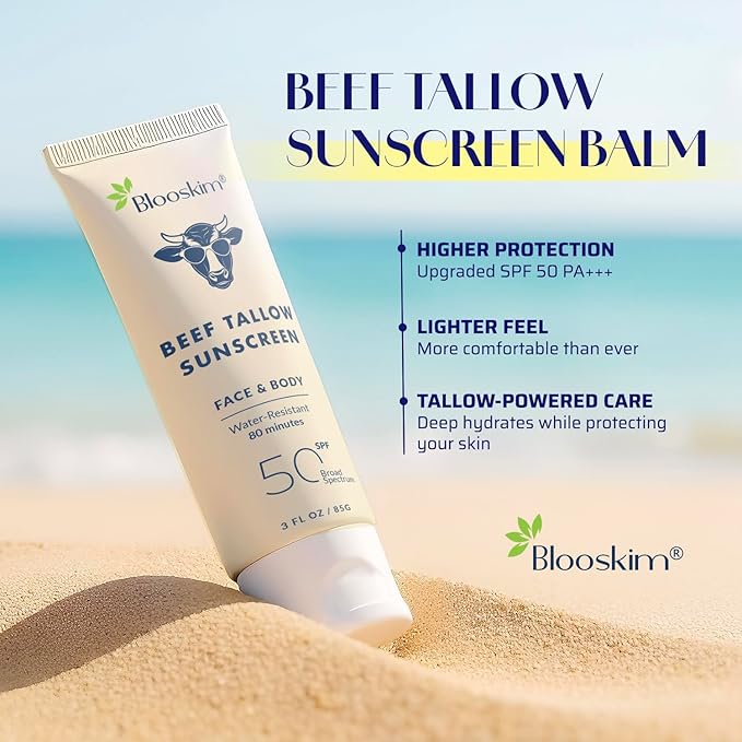 Beef Tallow Sunscreen SPF 50: Natural Tallow & Zinc Oxide Sunblock Cream for Face & Body - Sun Protection with Non Greasy Formula for Women and Men - Water-Resistant 3 oz