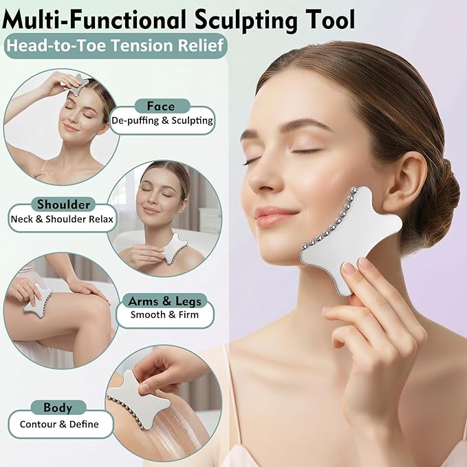 3-in-1 Stainless Steel Face Roller & Gua Sha Set – Cooling Facial Massager Tools for Sculpting, De-Puffing & Jawline Definition
