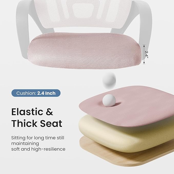 DUMOS Office Desk Chair - Ergonomic Mid Back with Lumbar Support & Rocking Mode, Height Adjustable with Fixed Armrest, for Computer, Gaming, Conference, Meeting Room, 360° Swivel, Pink