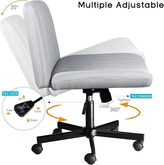 PUKAMI Criss Cross Chair,Comfy Cross Legged Office Desk Chair No Wheels,Modern Fabric Swivel Adjustable Height Mid Back Wide Seat for Home Office Computer (Grey with Wheels)