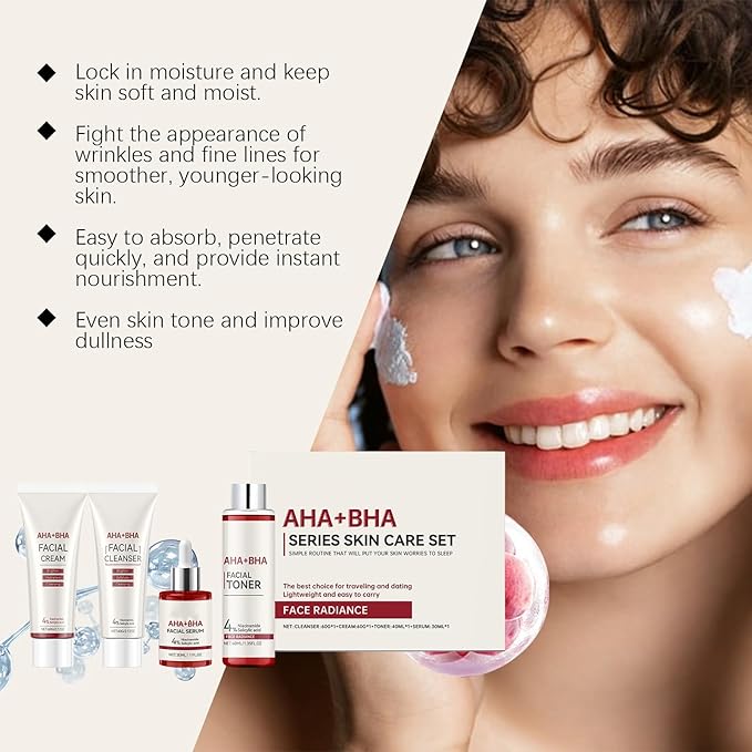 Travel Skincare Set with AHA BHA - 4 Piece Gentle Exfoliating Kit | Cleanser, Toner, Serum & Moisturizer for Women & Teens, Face Daily Korean Care Gift Box Dewy Skin Set Deep Cleansing Hydrate