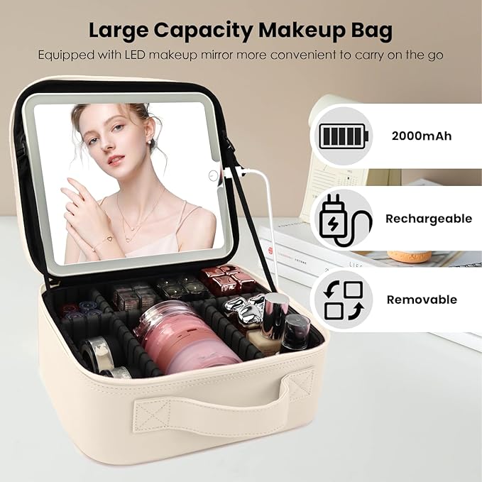 Travel Makeup Bag with LED Mirror and Light Makeup Travel Bag Organizer Portable Cosmetic Brush Organizer Bag with Adjustable Dividers for Cosmetics Makeup Brushes Toiletry (White)