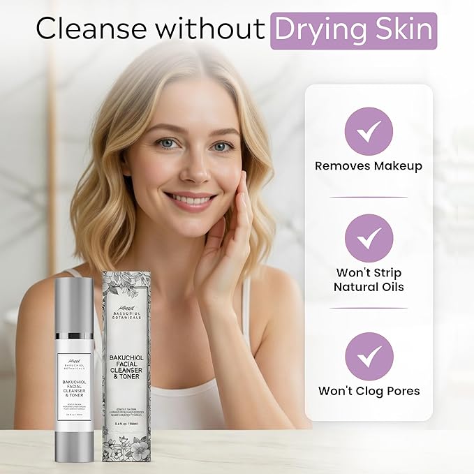 Bakuchiol Botanicals Skin Cleanser & Toner - pH Balanced - Effortlessly Removes Makeup - Gentle On Sensitive Skin - Brightens & Evens Skin Tone - Firms, Tightens & Hydrates - Spa Quality - 3.4oz