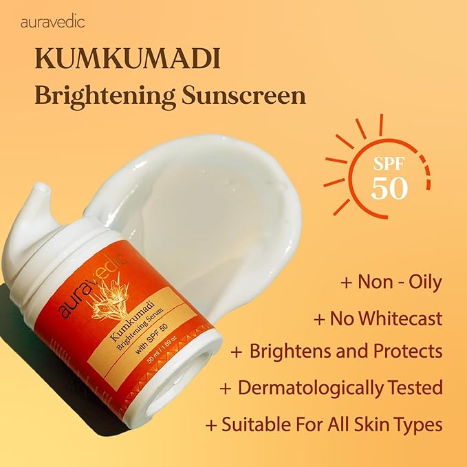 Auravedic Kumkumadi Face Serum Sunscreen SPF 50 | Lightweight Broad Spectrum Daily Face Sunscreen with Saffron | Non-Greasy Moisturizing Sun Protection for Smooth Even-Looking Skin | 1.76 Oz (50g)