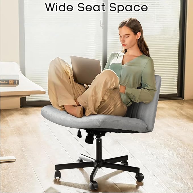 PUKAMI Criss Cross Chair,Comfy Cross Legged Office Desk Chair No Wheels,Modern Fabric Swivel Adjustable Height Mid Back Wide Seat for Home Office Computer (Grey with Wheels)