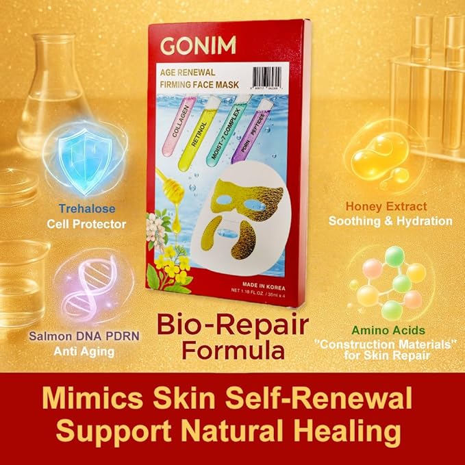 GONIM Korean Face Mask with Integrated Eye Patches with PDRN, Caffeine, Retinol, Collagen Face Mask, Hydrating Face Masks, Hyaluronic Acid Serum Sheet Mask Korean Skin Care Anti Aging 35ml/1.18ozx4