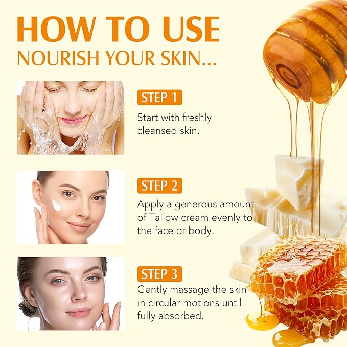 Beef Tallow for Skin, Tallow and Honey Cream Natural Tallow Face Moisturizer,Hydrating Beef Tallow Balm Deeply Moisturizing for Face & Body Skin Care