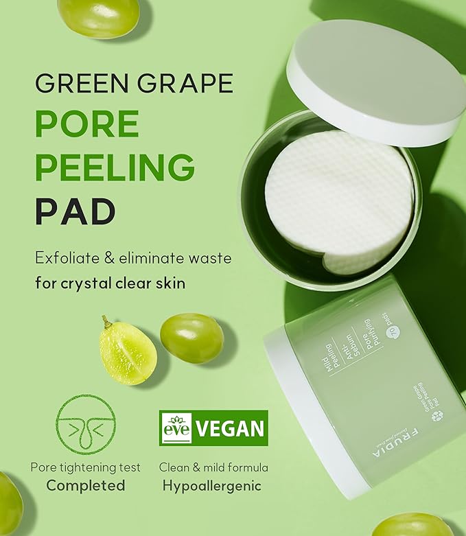 FRUDIA Pore Peeling Pad – 70 Pads, 5.7 fl oz | Vegan Exfoliating Toner Pads with 89% Green Grape Extract, Tannin Complex & Anti‑Sebum P | Gentle, pH‑Balanced Deep Pore Care for Sensitive Oily Skin
