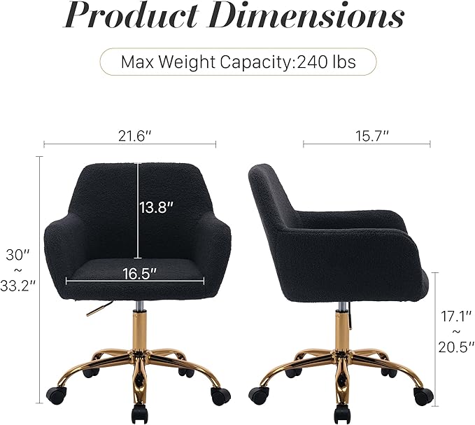 Faux Fur 360°Swivel Desk Chair, Modern Height Adjustable Home Office Armchair with Golden Base for Teens Women Girls, Upholstery Computer Chair for Home Studios, Sherpa & Black
