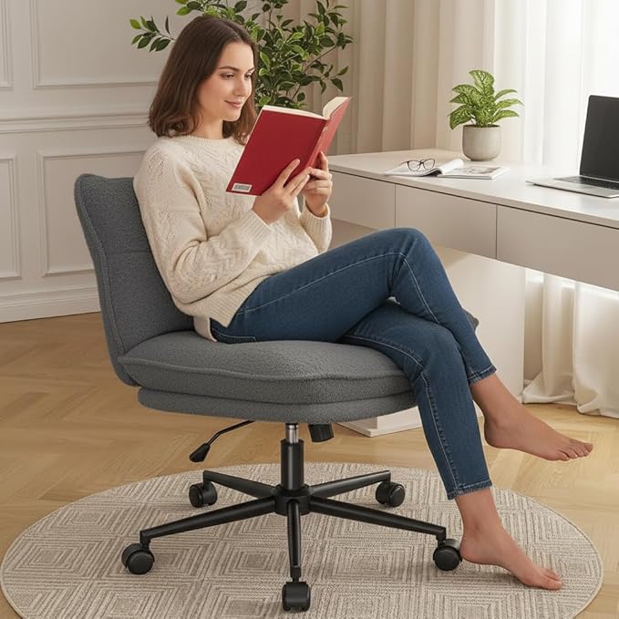 Criss Cross Chair with Wheels, 7" Extra Thick Cross Legged Office Chair, Height Adjustable Swivel Design for Home Office, Study & Vanity,Gery
