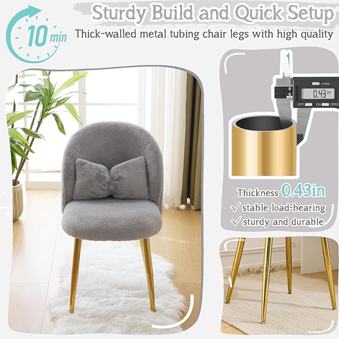 VINGLI Fluffy Girls Vanity Chair with Back & Pillow,Cute Small Cozy Desk Chair No Wheels,Comfy Makeup Ch with Ajustable Gold Legs,for Bedroom,Living Room,Small Space,Grey