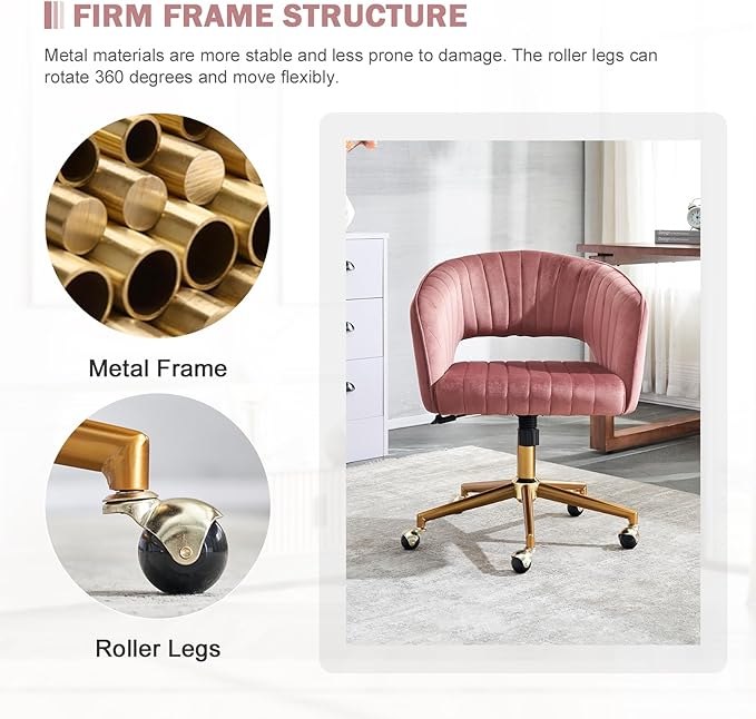 Kiztir Vanity Chair with Wheel, Modern Velvet Home Office Chair with Back, Criss Cross Armchair for Vanity, Living Room, Bedroom and Study (Dusty Pink)