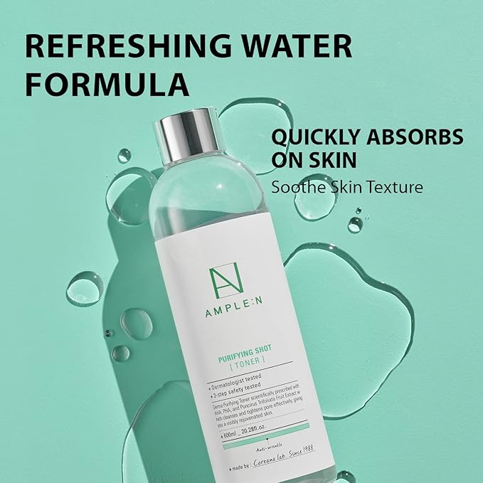 Ample:N Purifying Shot Toner Big- Korean AHA, PHA Pore Refining Face Toner for Oily and Acne Skin - Refreshing Pore Tightening Astringent – Removes Dead Skin Cells - 20.3 fl.oz.